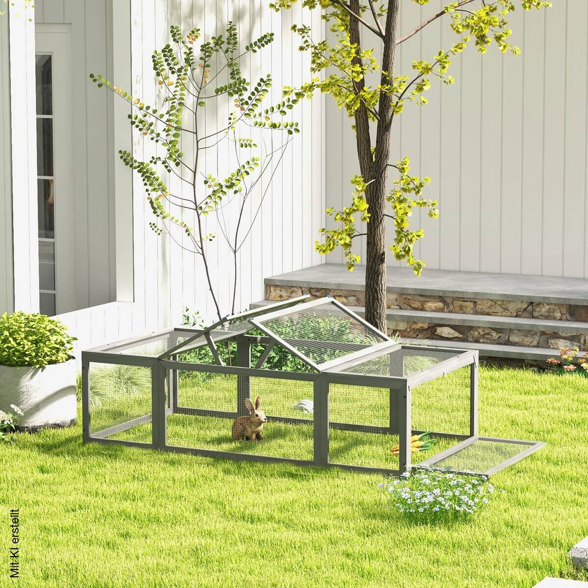 PawHut Kaninchenstall grau Stahl B/H/L: ca. 90x48x180 cm