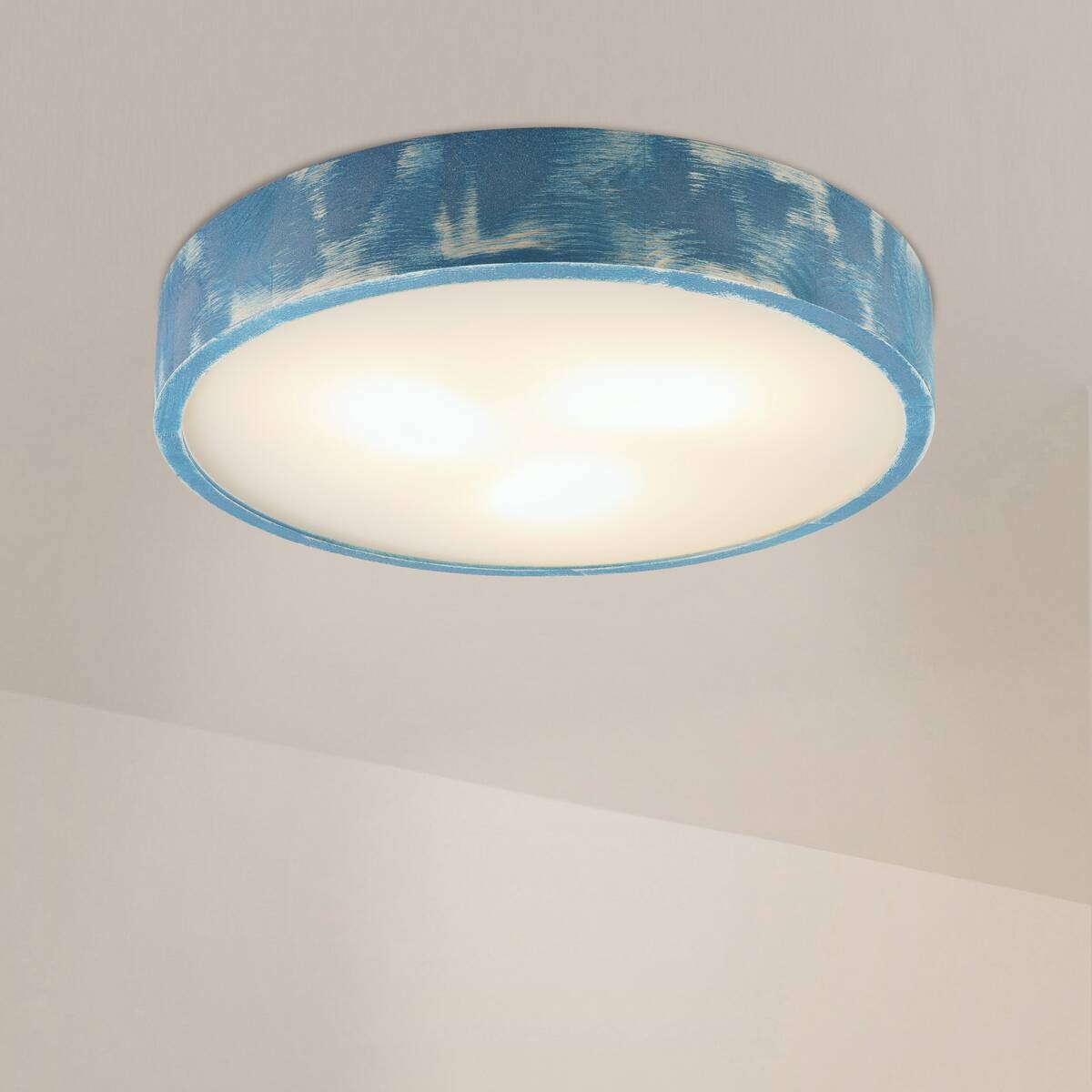 Lamkur Deckenleuchte hellbraun blau Holz Glas B/H/L: ca. 48x48x10 cm 3 Brennstellen