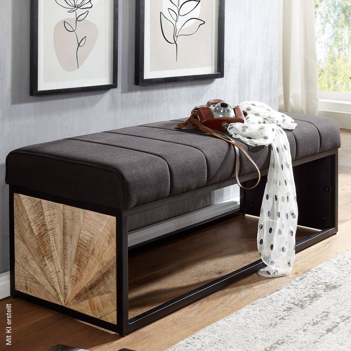 Wohnling Sitzbank dunkelbraun schwarz natur Stoff Eisen Echtholz B/H/T: ca. 105x40x40 cm