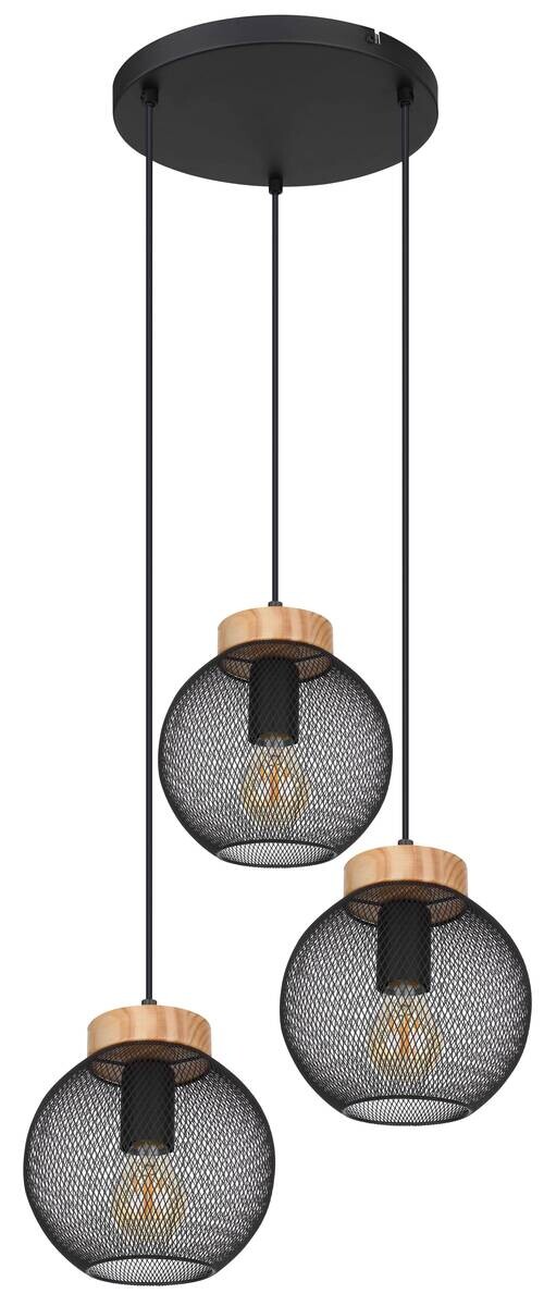 GLOBO Pendelleuchte Pablo schwarz natur Metall Holz H/D: ca. 120x44 cm E27 3 Brennstellen