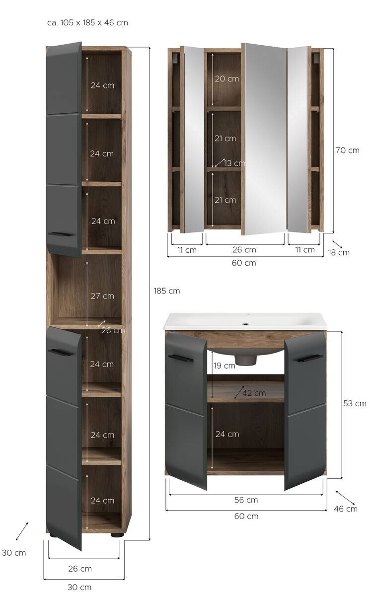 Badezimmer-Set Ice Nox Oak Nachbildung schwarz matt B/H/T: ca. 105x185x46 cm