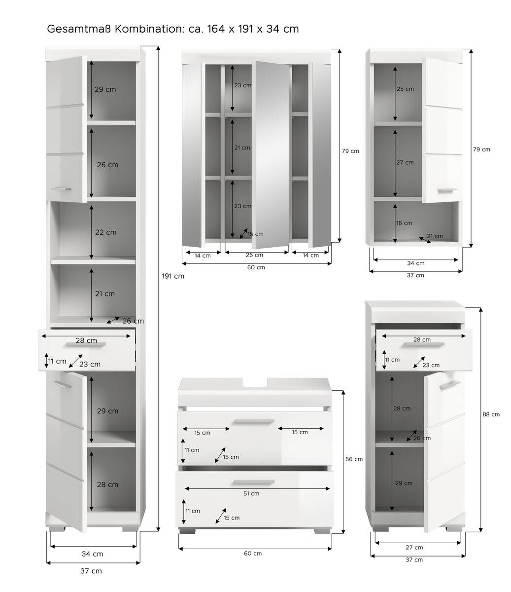 Badezimmer-Set Scout weiß weiß Hochglanz B/H/T: ca. 164x191x37 cm