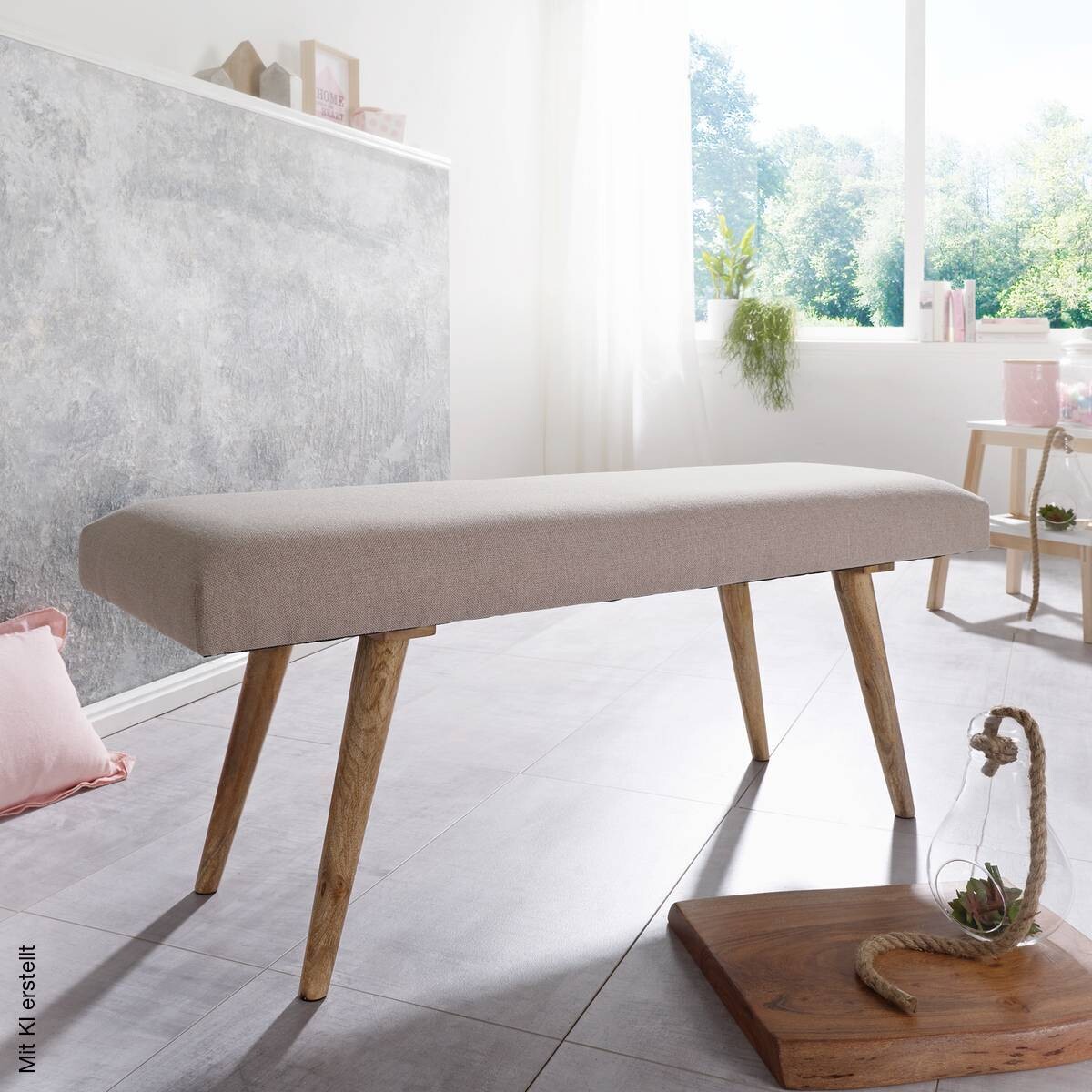 Wohnling Sitzbank beige natur Stoff Echtholz B/H/T: ca. 117x51x38 cm