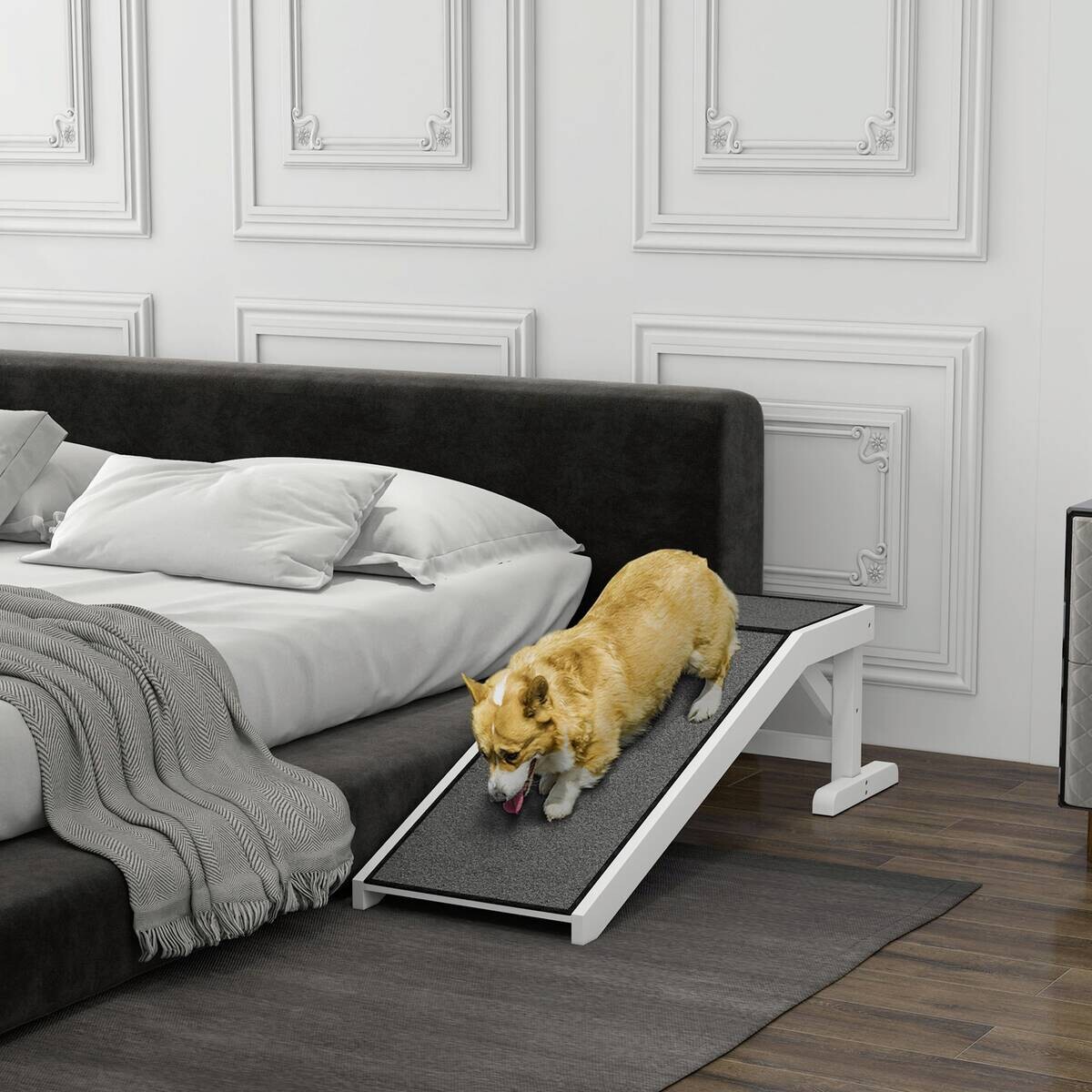 PawHut Haustierrampe m. rutschfestem Teppich weiß Kiefer B/H/L: ca. 40x125x35,5 cm