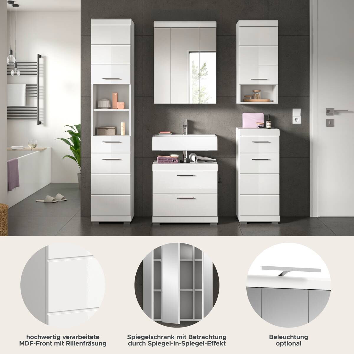 Badezimmer-Set Scout weiß weiß Hochglanz B/H/T: ca. 164x191x37 cm