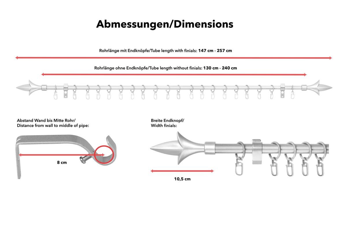 LICHTBLICK Gardinenstange Lilie silber Metall D: ca. 0,16 cm ausziehbar von ca. 130 bis 240 cm 1.0 Läufe