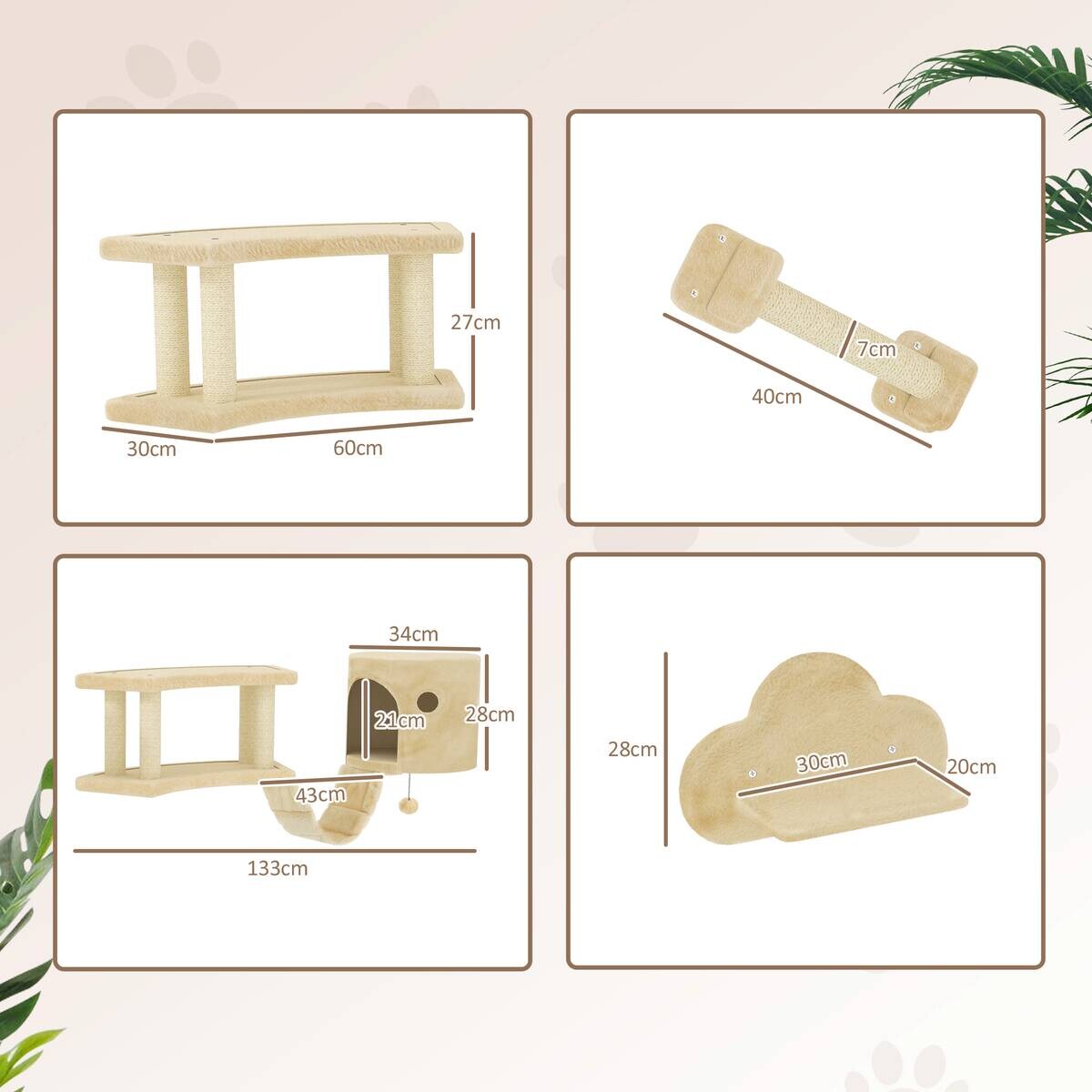 PawHut Katzen Kletterwand Set beige Spanplatte B/H/L: ca. 34x28x133 cm
