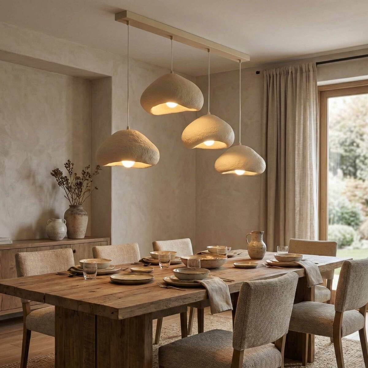 Opviq Pendelleuchte beige Fiberglas Metall B/H/T/L: ca. 154x110x46x154 cm E27 4 Brennstellen