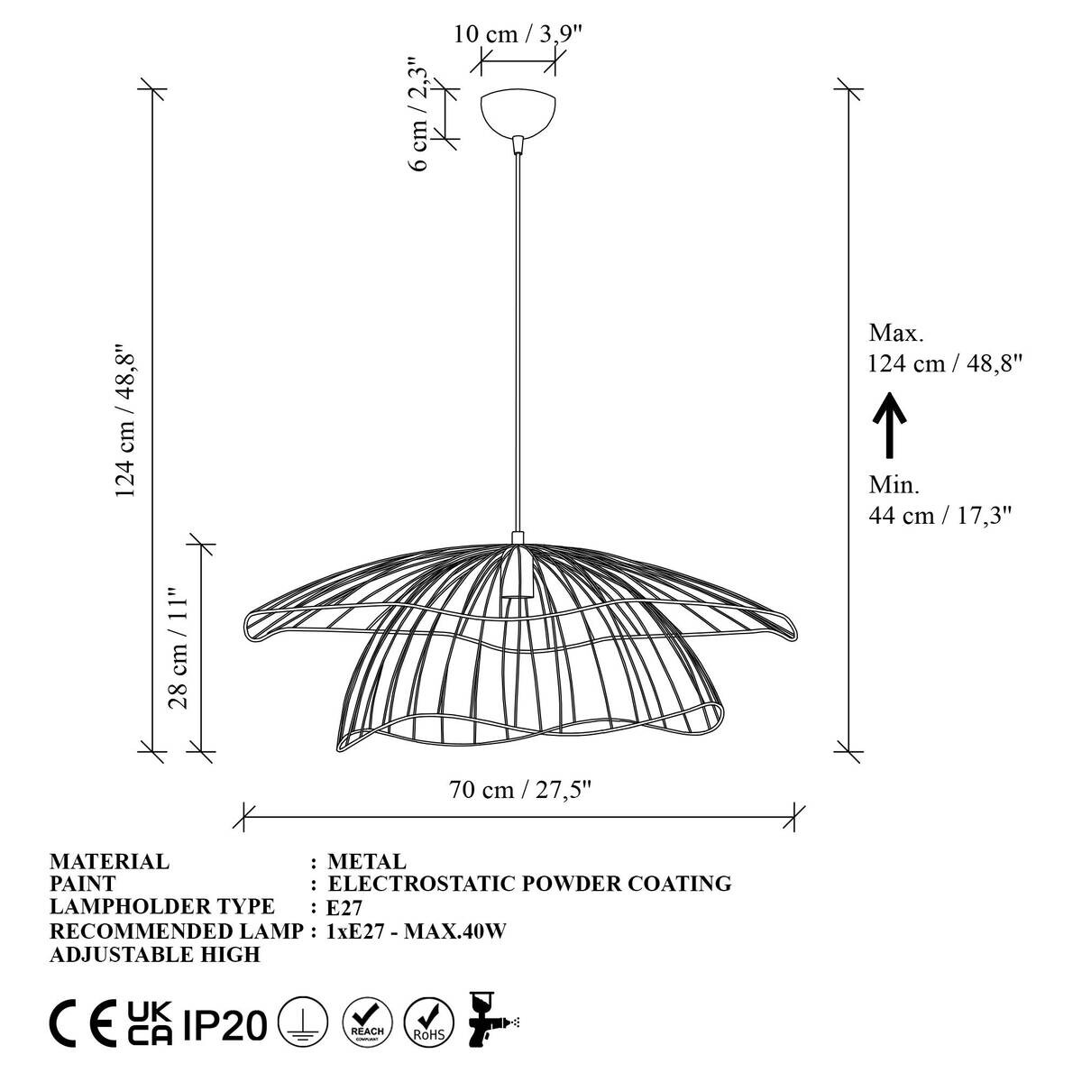 Opviq Pendelleuchte Mantar schwarz B/H/T/L/D: ca. 70x124x70x70x70 cm E27 1 Brennstellen