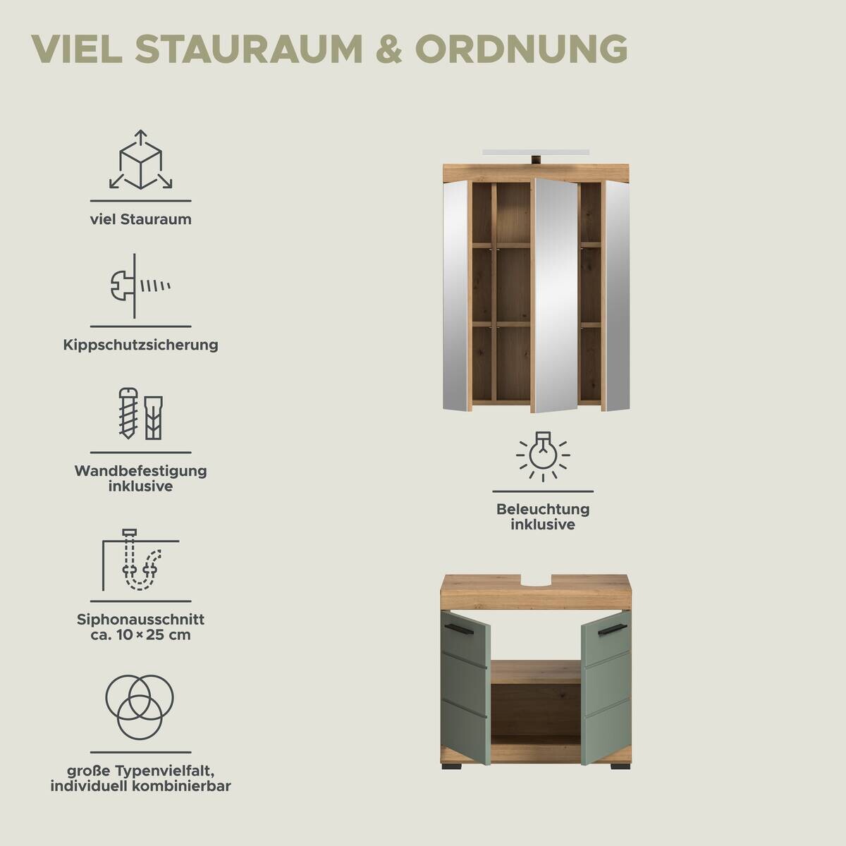 Badezimmer-Set Scout Eiche Artisan Nachbildung salbei Nachbildung B/H/T: ca. 60x191x34 cm