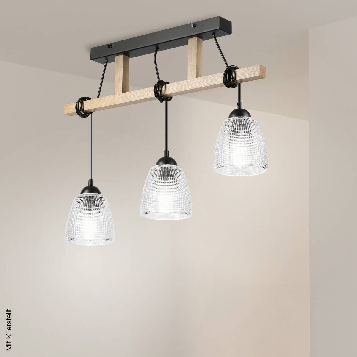 Lamkur Pendelleuchte Eiche Stahl B/H/L: ca. 60x88x60 cm E27 3 Brennstellen
