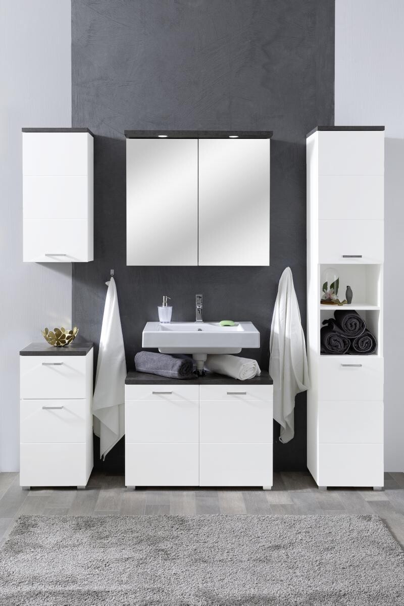 Waschbeckenunterschrank Praya Dark Concret Nachbildung weiß Hochglanz B/H/T: ca. 79x58x32 cm