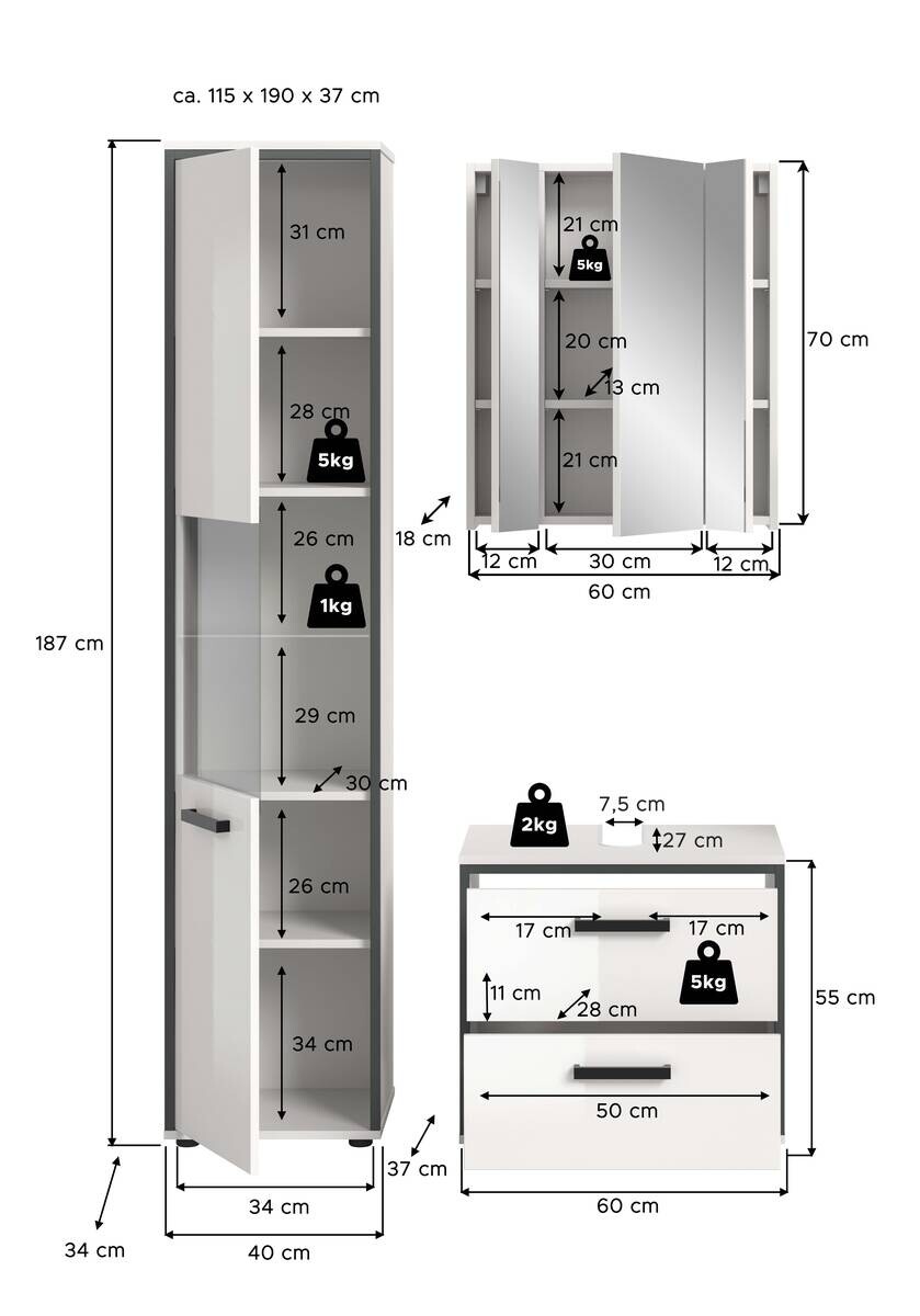 Badblock KOJAK weiß Hochglanz anthrazit grau B/H/T: ca. 115x188x37 cm
