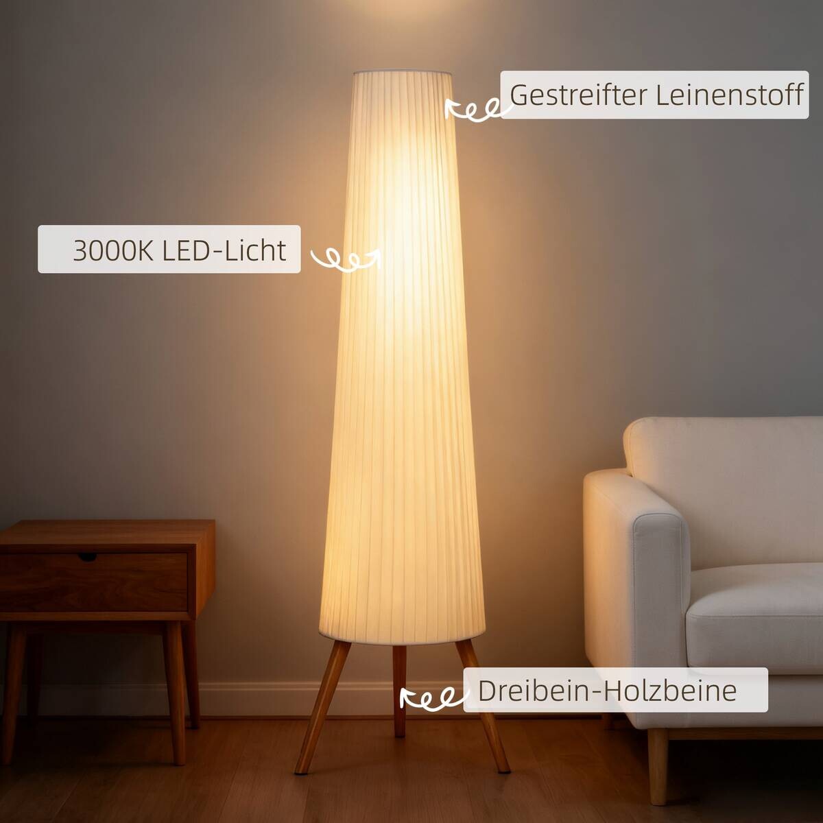 HOMCOM Stehleuchte weiß Stoff Holz B/H/L: ca. 46x153x46 cm 1 Brennstellen