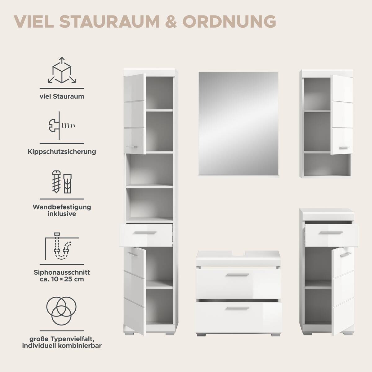 Badezimmer-Set Scout weiß weiß Hochglanz B/H/T: ca. 164x191x37 cm