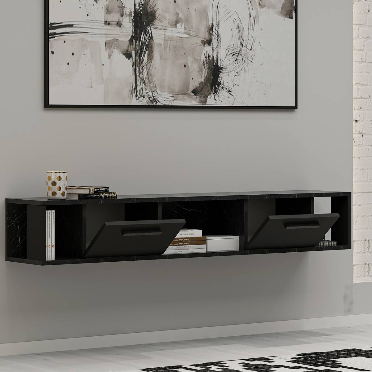 TV-Lowboard Aldora schwarz Marmoroptik B/H/T: ca. 160x30x30 cm