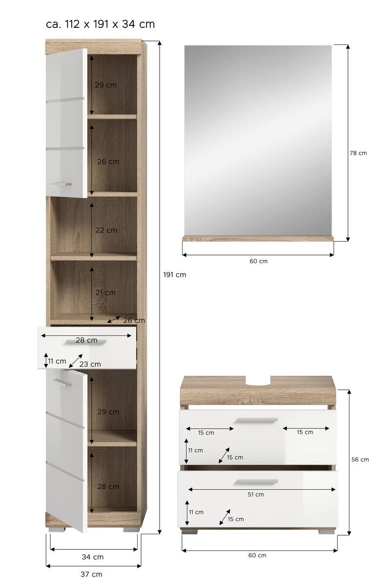 Badezimmer-Set Lambada Eiche Sonoma Nachbildung weiß Hochglanz B/H/T: ca. 112x191x37 cm