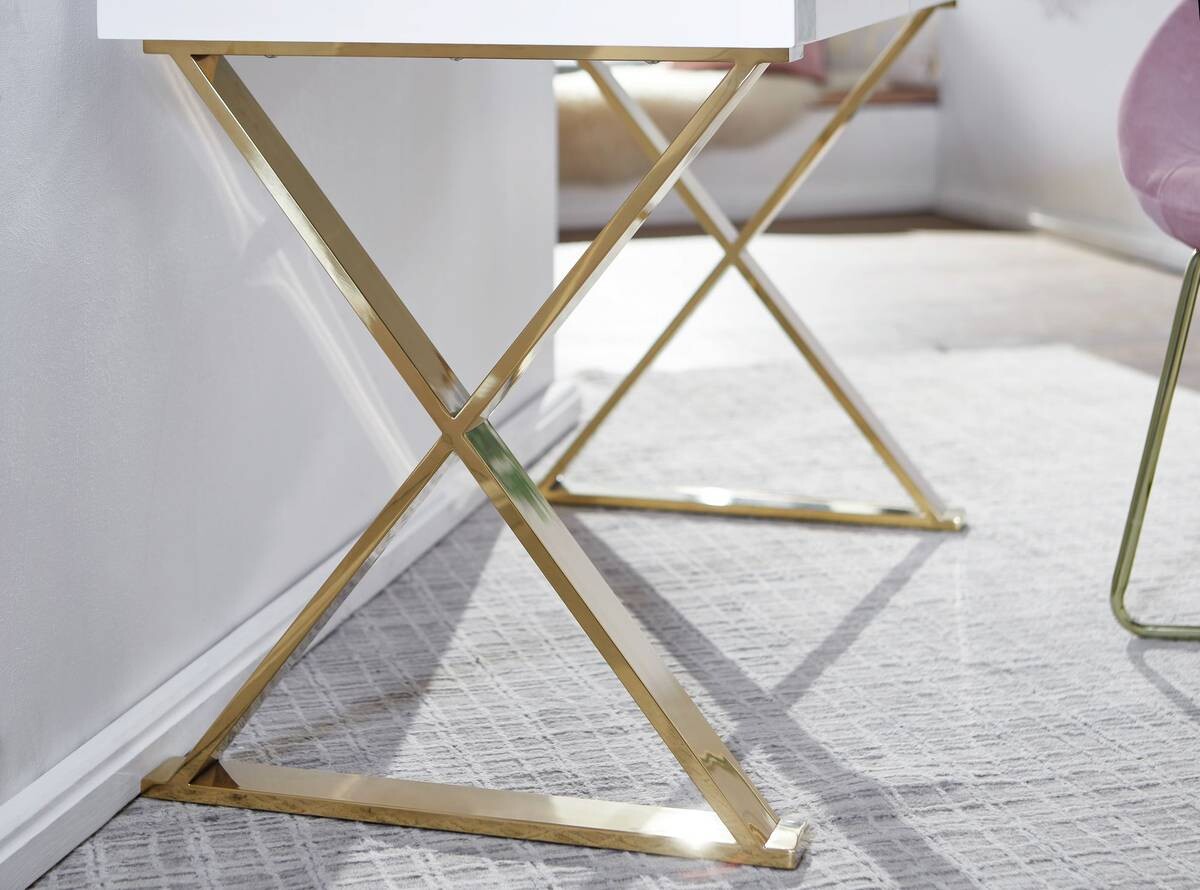 Schreibtisch weiß Lack Hochglanz gold lackiert B/H/T: ca. 118x76x57 cm