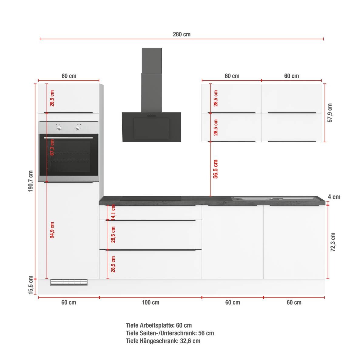 Küchenblock IKZ1280S5 weiß B/T: ca. 280x60 cm
