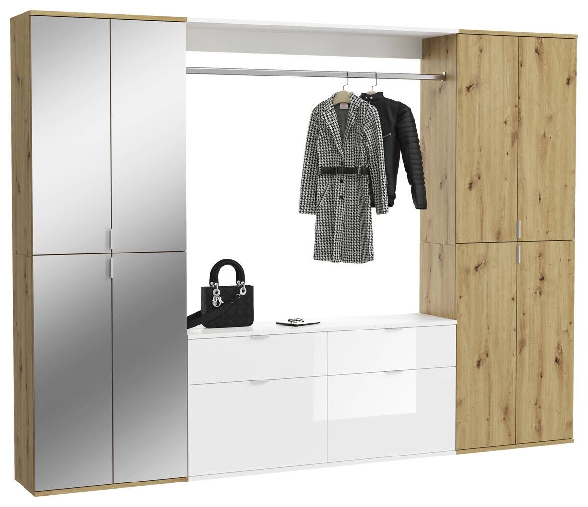 Garderobe PROJEKT Eiche Artisan Nachbildung weiß Hochglanz Spiegel B/H/T: ca. 243x193x34 cm