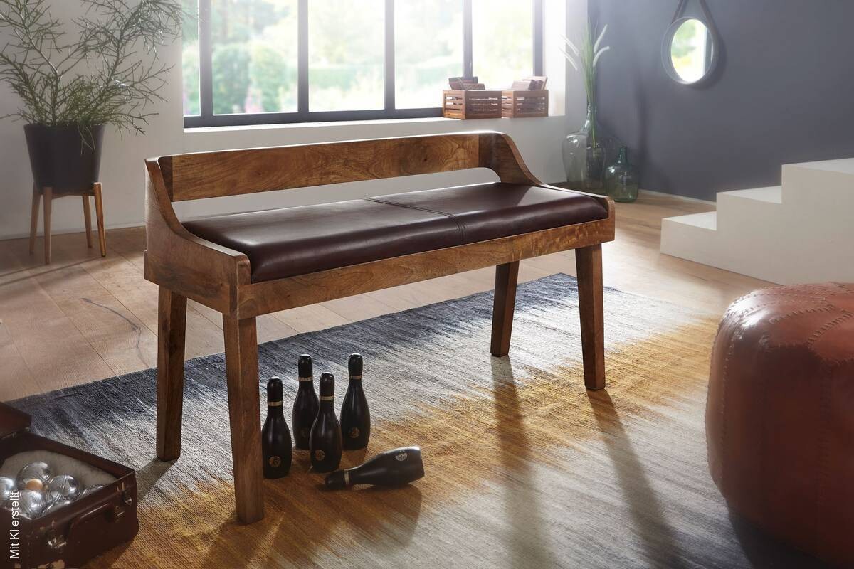 Wohnling Sitzbank dunkelbraun natur Leder Echtholz B/H/T: ca. 108x63x43 cm