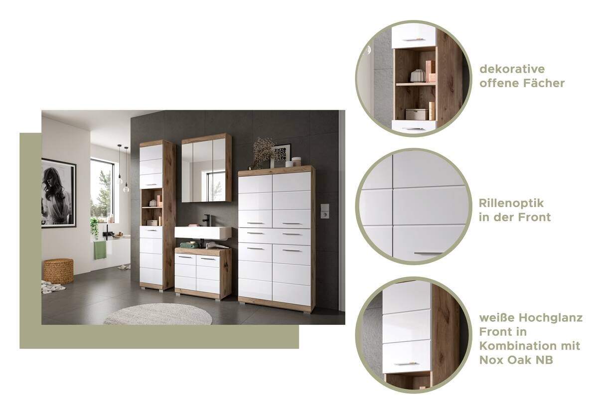 Badezimmer-Set Wave weiß Hochglanz Nox Oak Nachbildung B/H/T: ca. 204x191x34 cm