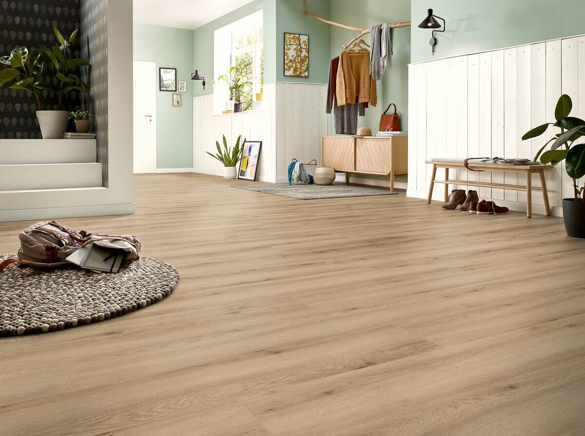 Laminatboden Buche natur ca. 2,694 m² im Paket B/L: ca. 24,4x138 cm pro Paket