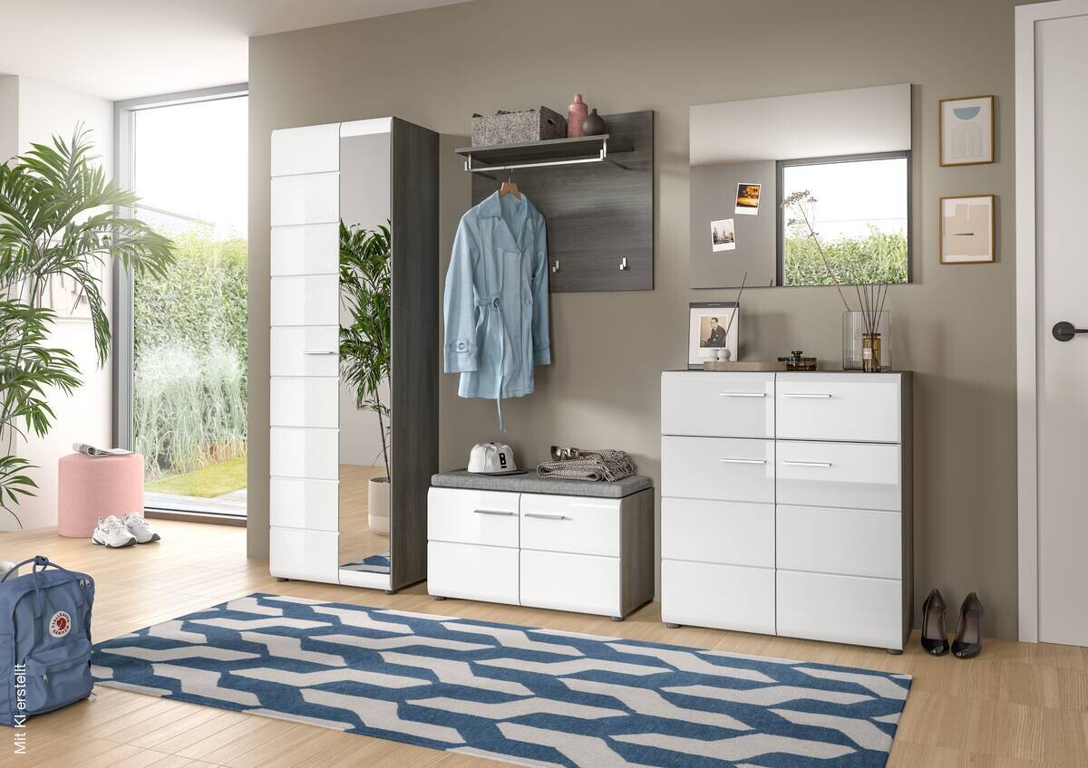 Garderobe SALSA Eiche Rauchsilber Nachbildung weiß Hochglanz B/H/T: ca. 155x192x37 cm
