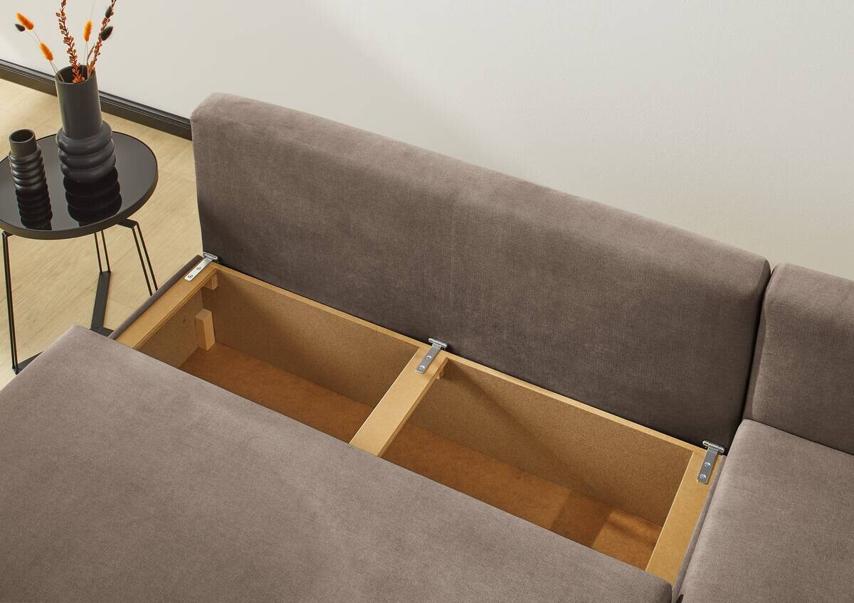 Ecksofa mit Bettfunktion und Bettkasten hellbraun Microfaser B/H/T: ca. 191x70x142 cm