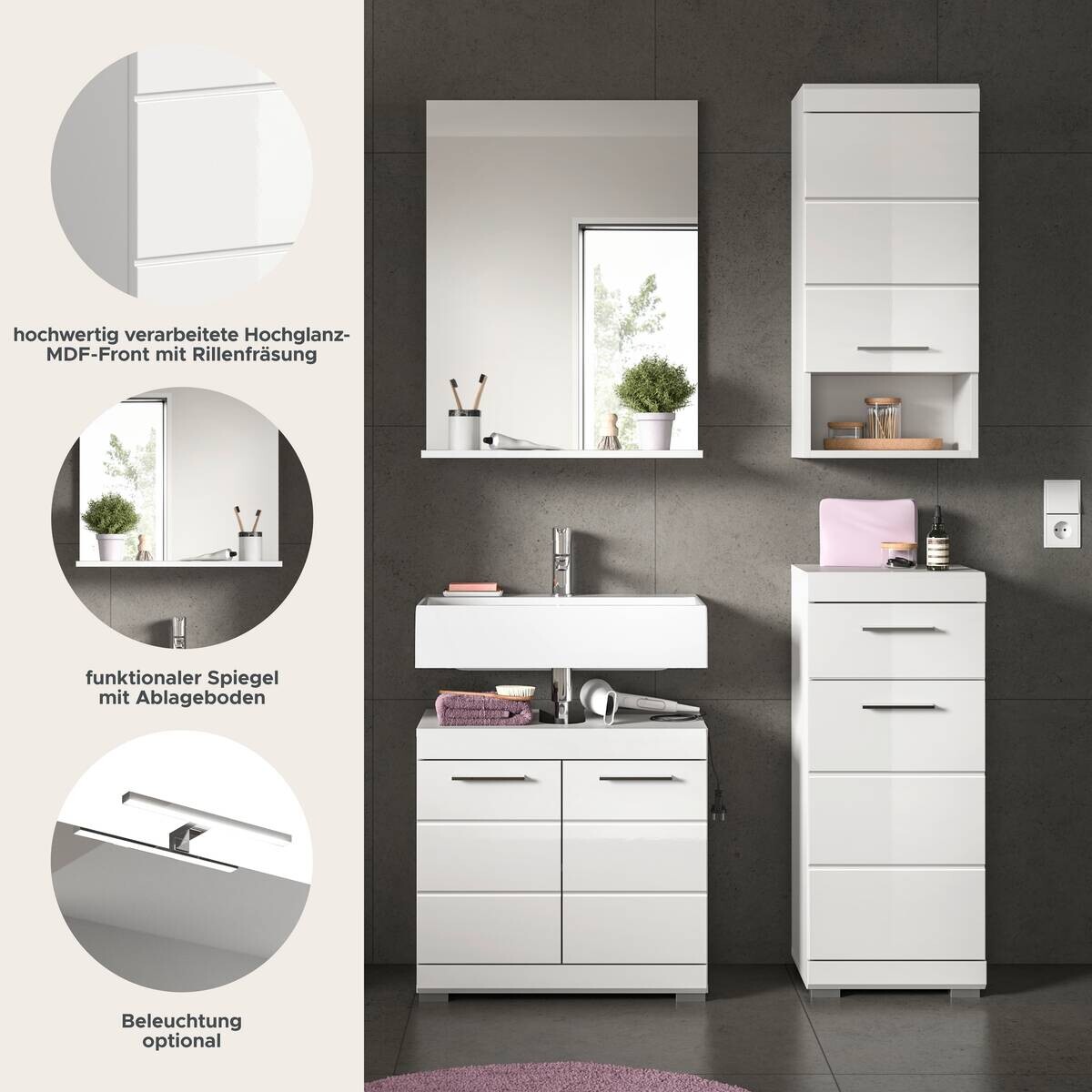 Badezimmer-Set Scout weiß weiß Hochglanz B/H/T: ca. 112x191x34 cm