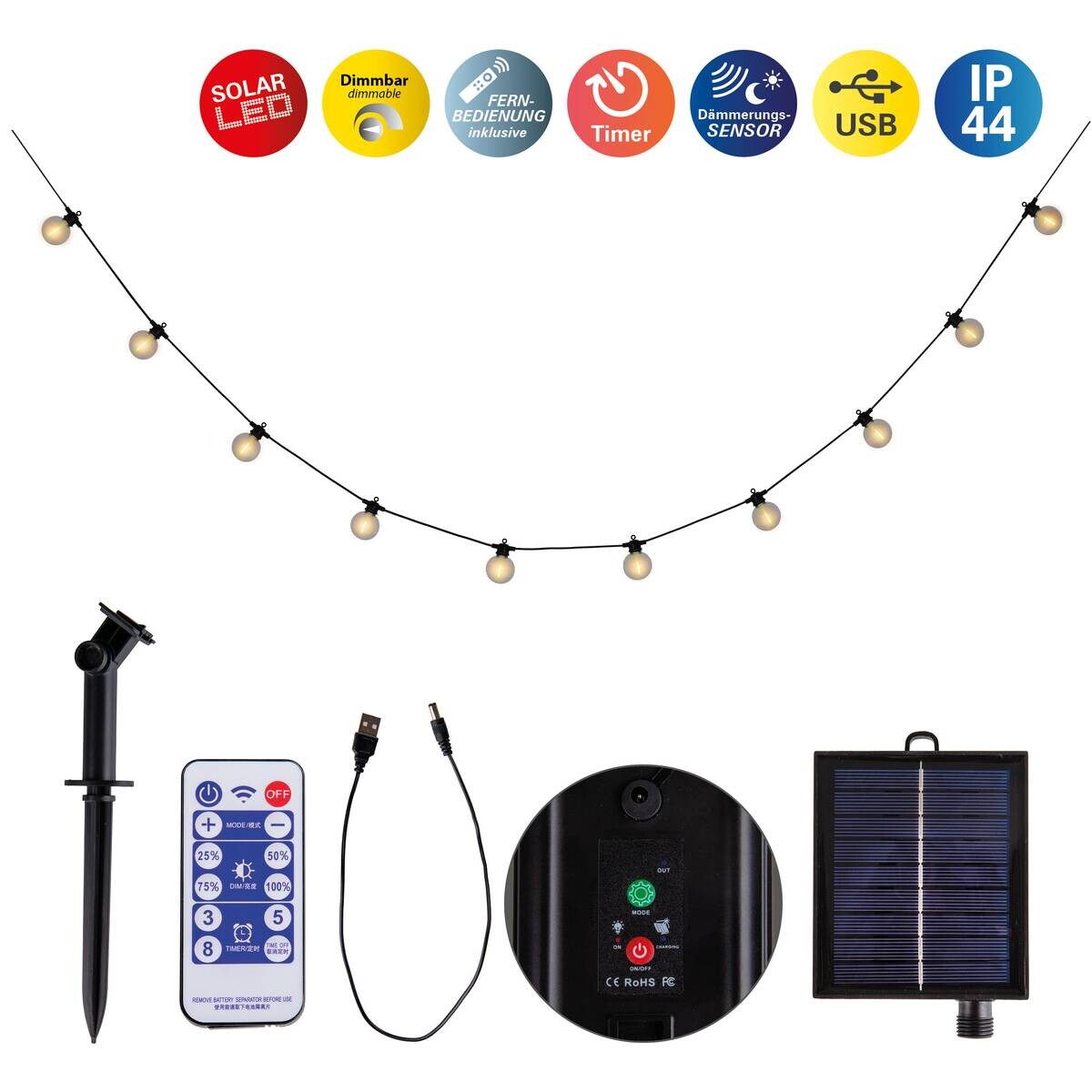 Solarleuchte 10 m warmweiß