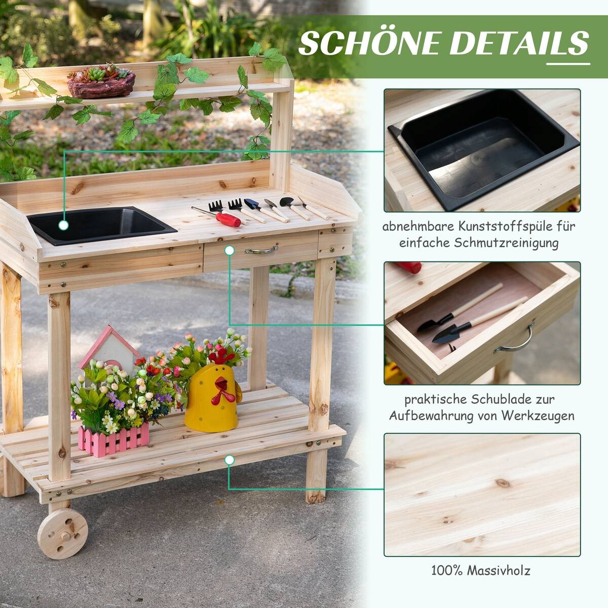 Outsunny Pflanztischmit Rollen natur B/H/L: ca. 45x119x92 cm