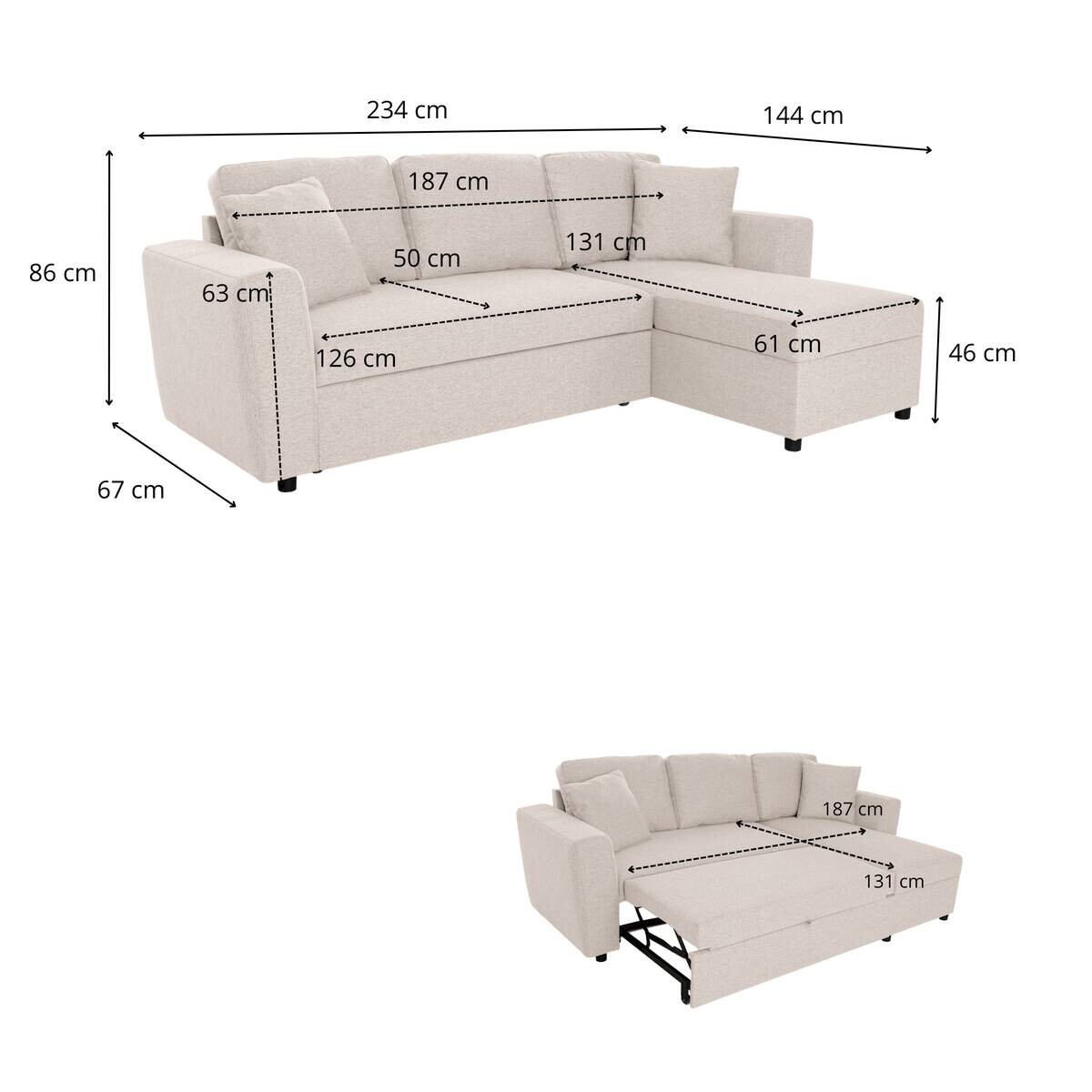Ecksofa mit Bettfunktion und Bettkasten beige Webstoff B/H/T: ca. 234x86x144 cm