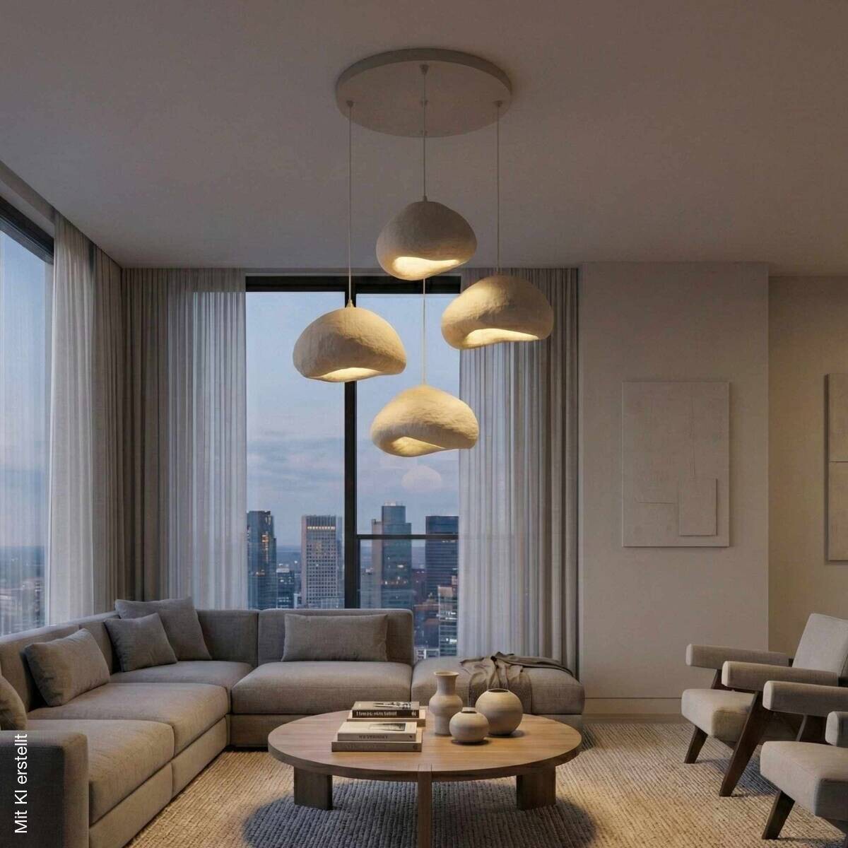 Opviq Pendelleuchte beige Metall Fiberglas B/H/T/L/D: ca. 95x110x95x95x95 cm E27 4 Brennstellen
