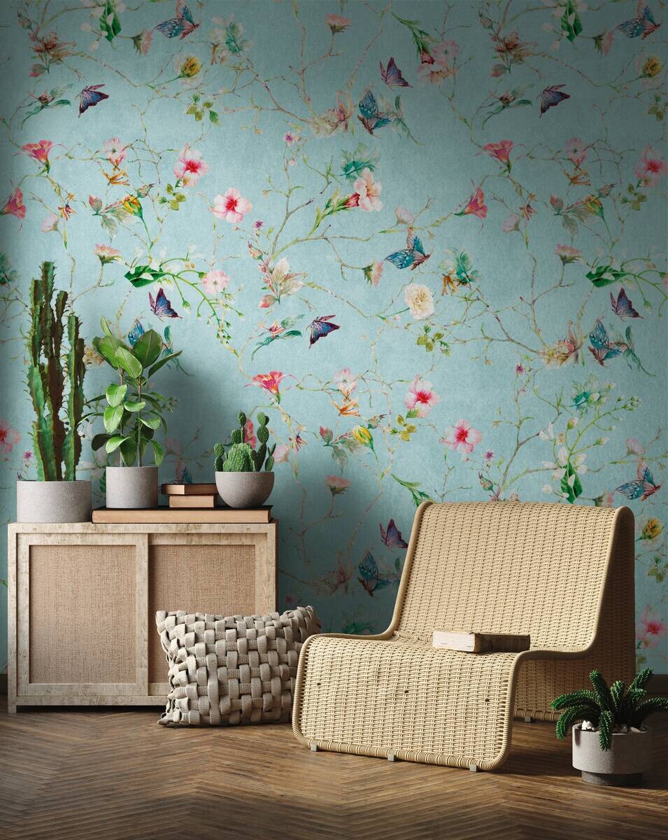 Livingwalls Fototapete Blütenzweig türkis rosa grün B/L: ca. 280x159 cm