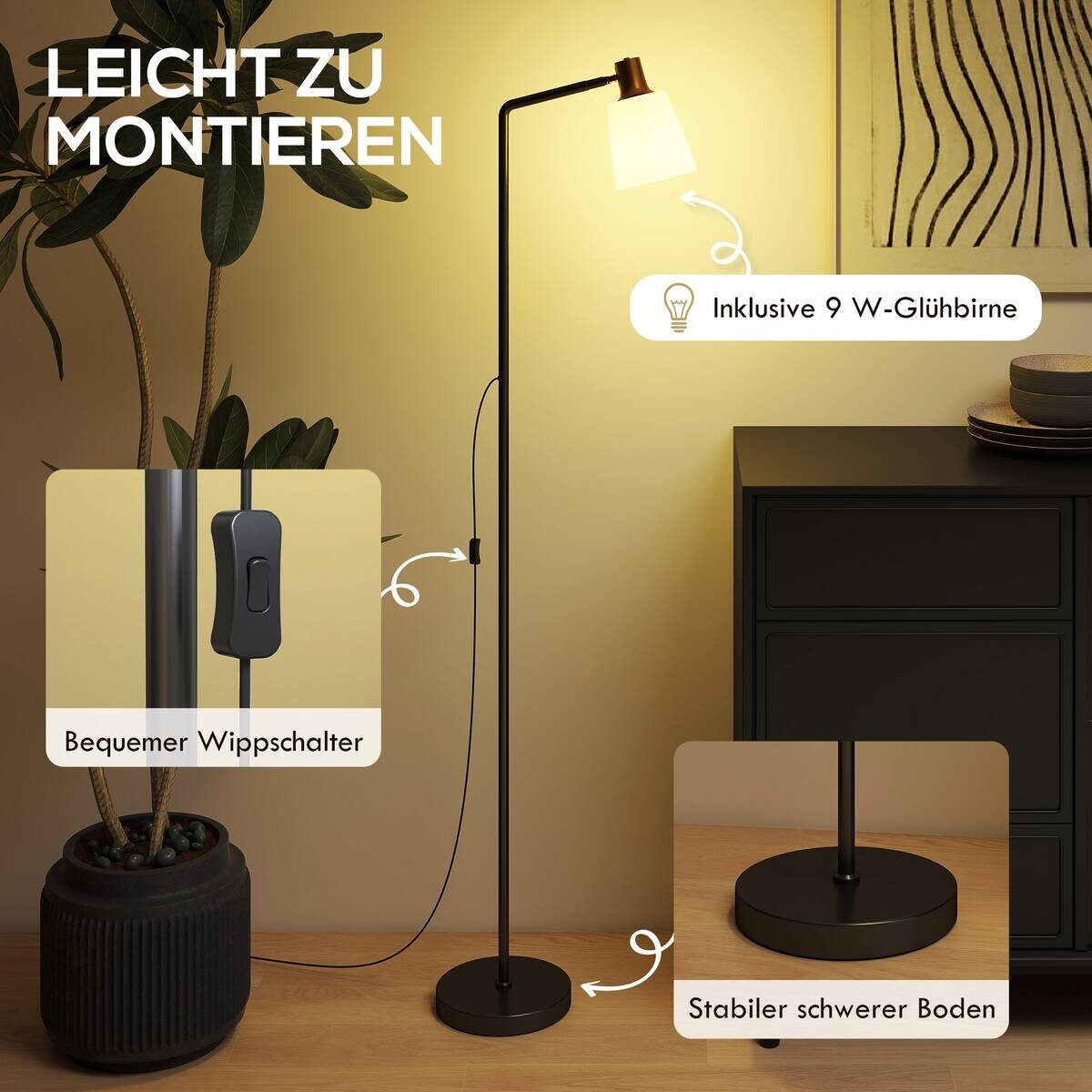 HOMCOM Stehleuchte schwarz Stahl Kunststoff B/H/L: ca. 21x148x45 cm E27 1 Brennstellen