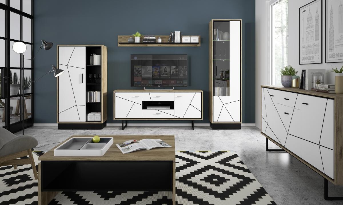 TV-Lowboard Brolo Eiche Cleveland Nachbildung weiß Hochglanz schwarz B/H/T: ca. 167x75x40 cm