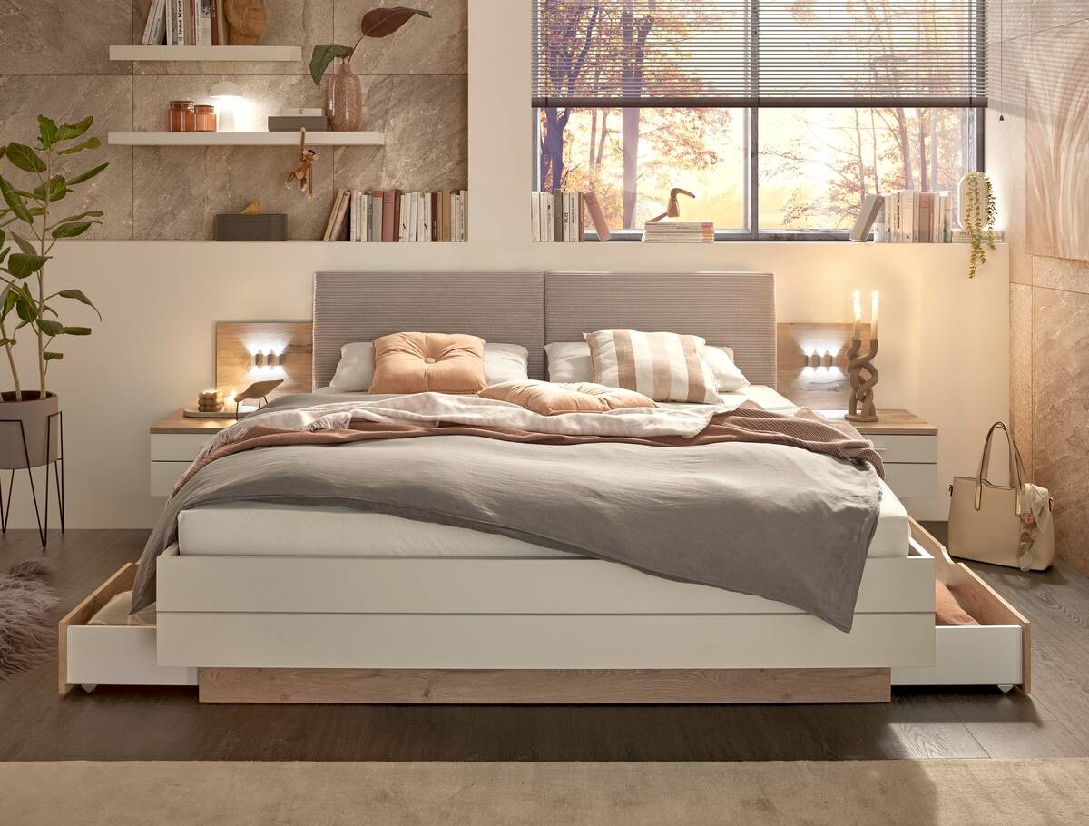 Bettanlage Moledo Eiche Viking Nachbildung hellgrau B/H/T: ca. 296x102x216 cm Liegefläche B/L: ca. 180x200 cm