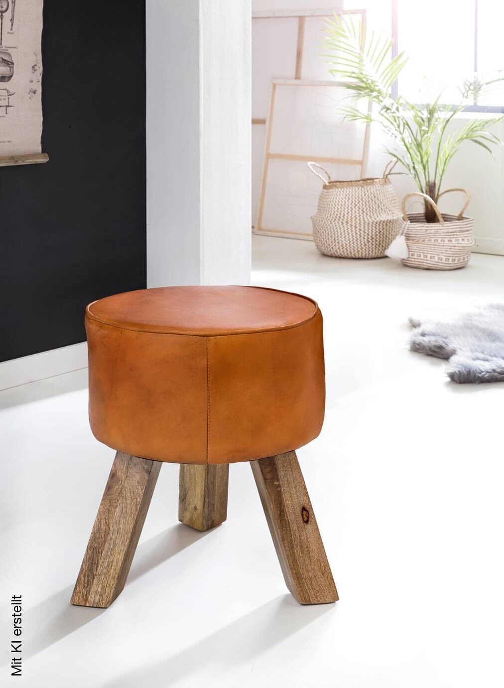 Wohnling Sitzhocker braun natur Leder Echtholz B/H/T: ca. 37x45x37 cm