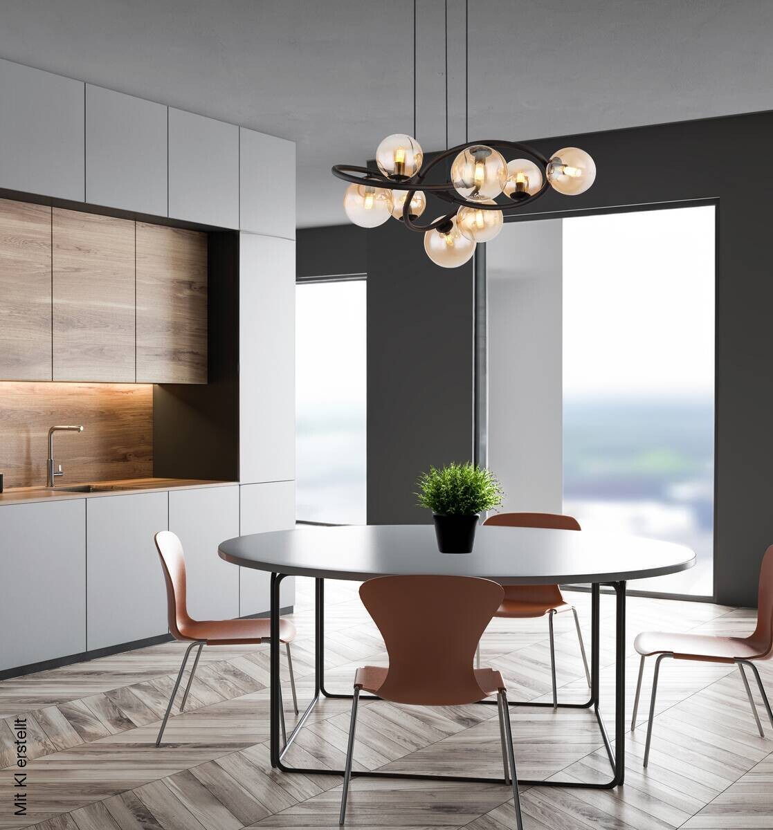 GLOBO LED-Pendelleuchte 10676 mattschwarz amber Metall Glas H/D: ca. 120x65 cm 8 Brennstellen
