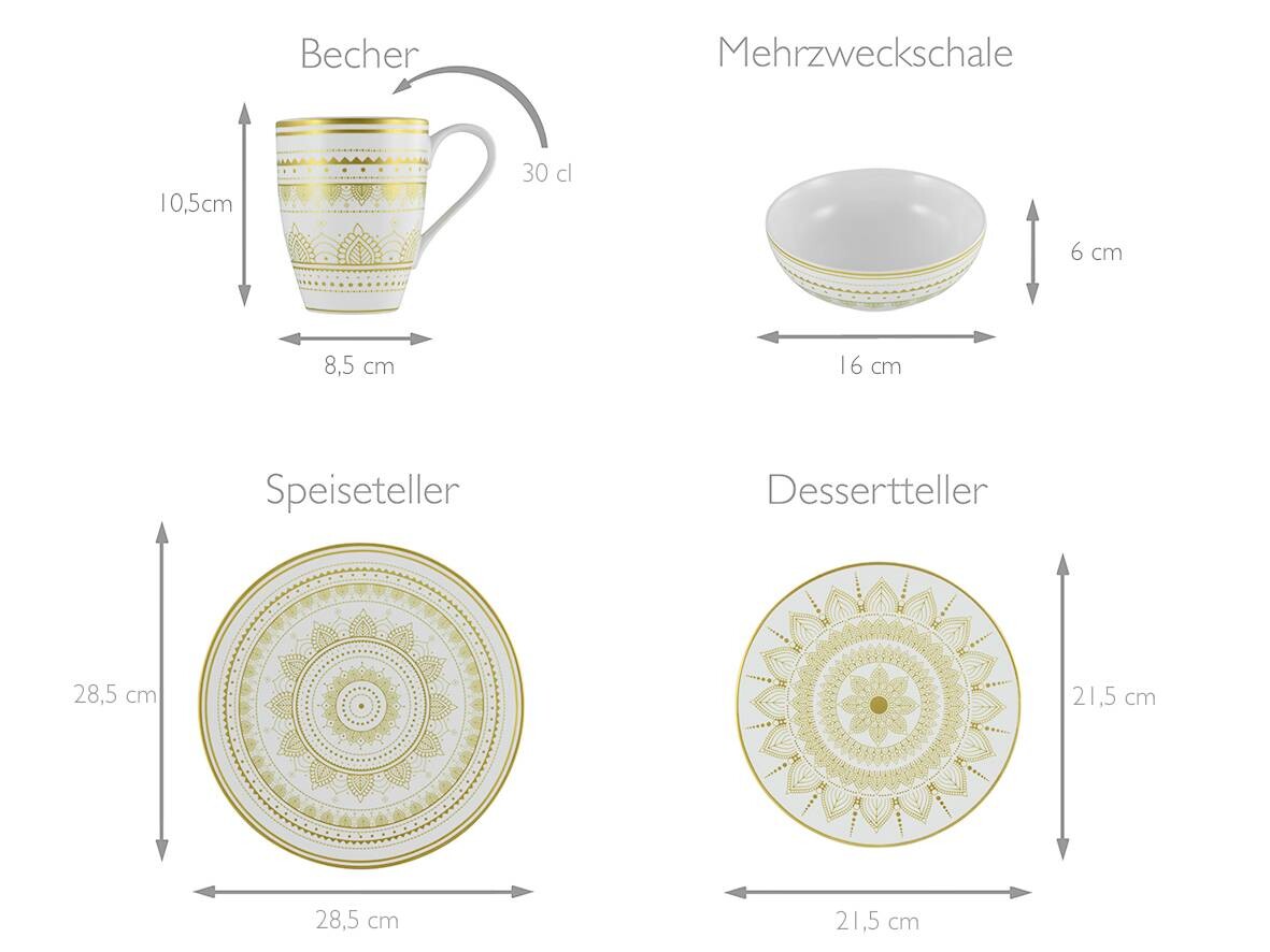 CreaTable Kombiservice MANDALA GOLD weiß Steinzeug 16 tlg.