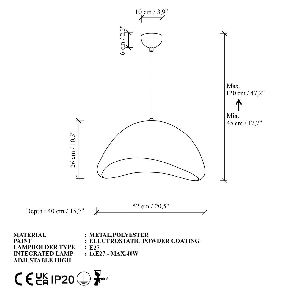 Opviq Pendelleuchte weiß Metall B/H/T/L: ca. 52x120x40x52 cm E27 1 Brennstellen