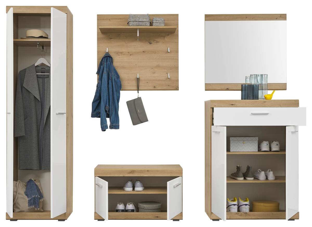 Garderobenschrank Nola Eiche Artisan Nachbildung weiß Hochglanz B/H/T: ca. 55x195x38 cm