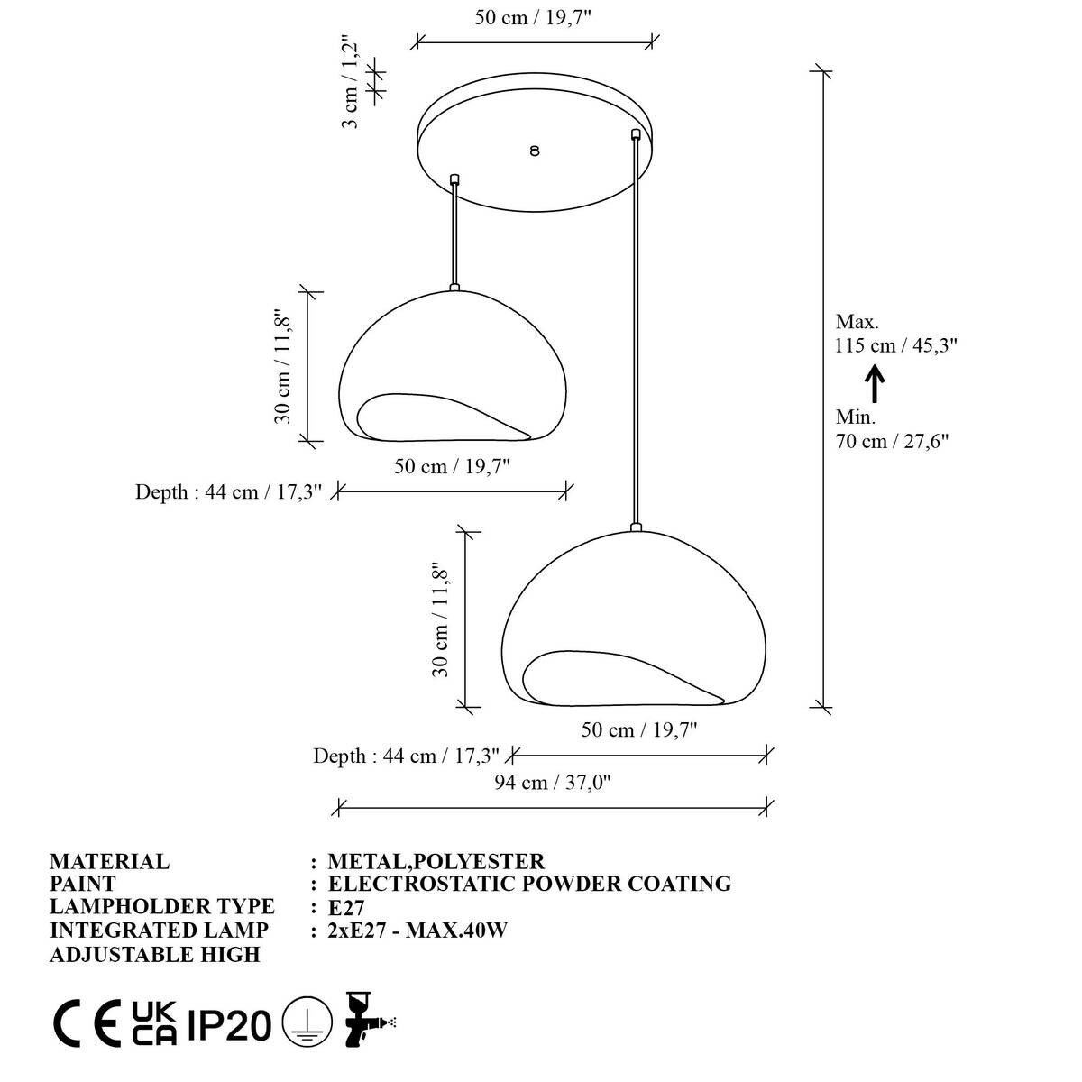 Opviq Pendelleuchte weiß Fiberglas Metall B/T/L: ca. 50x44x50 cm E27 2 Brennstellen