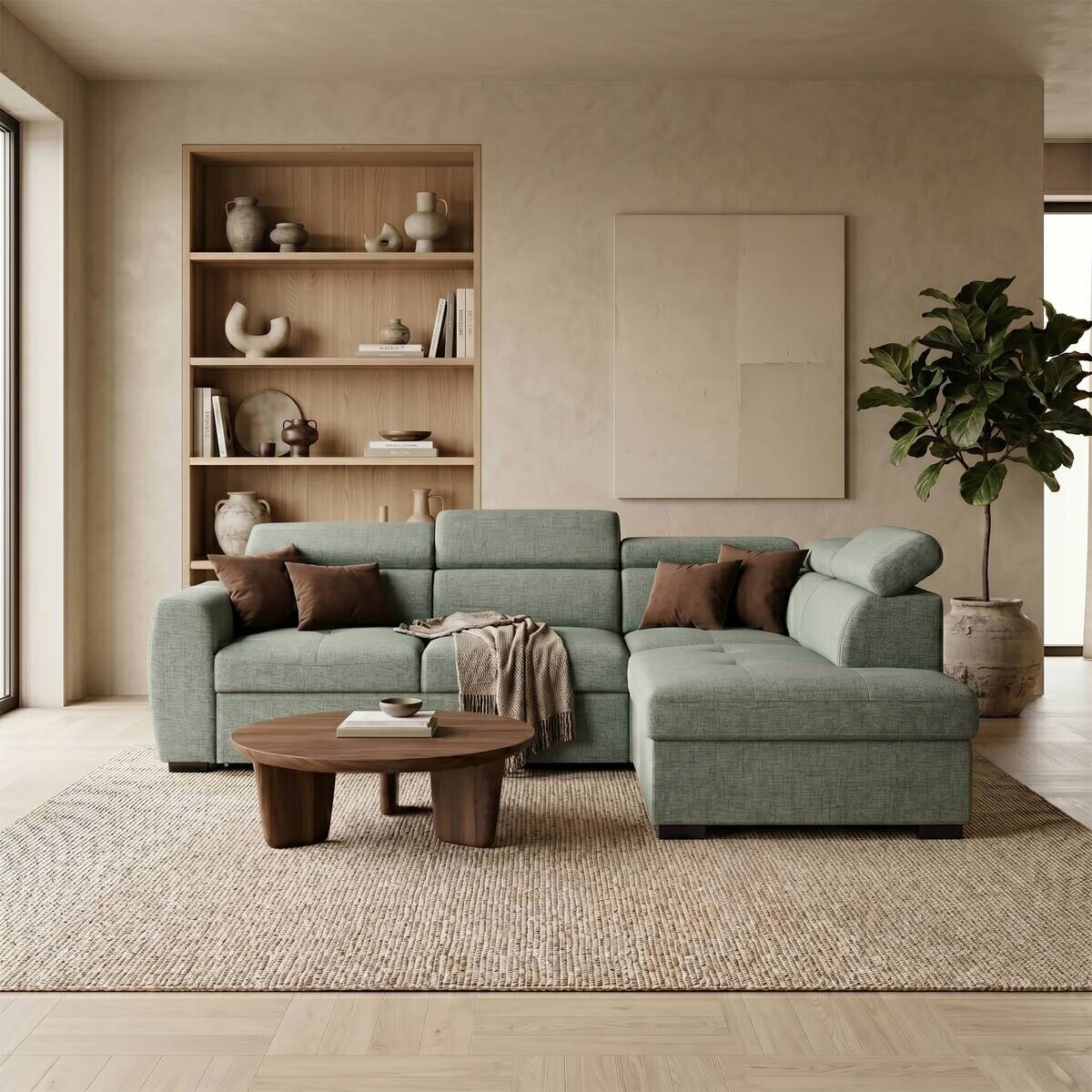 Ecksofa mit Bettfunktion und Bettkasten salbei Webstoff B/H/T: ca. 245x184x87 cm
