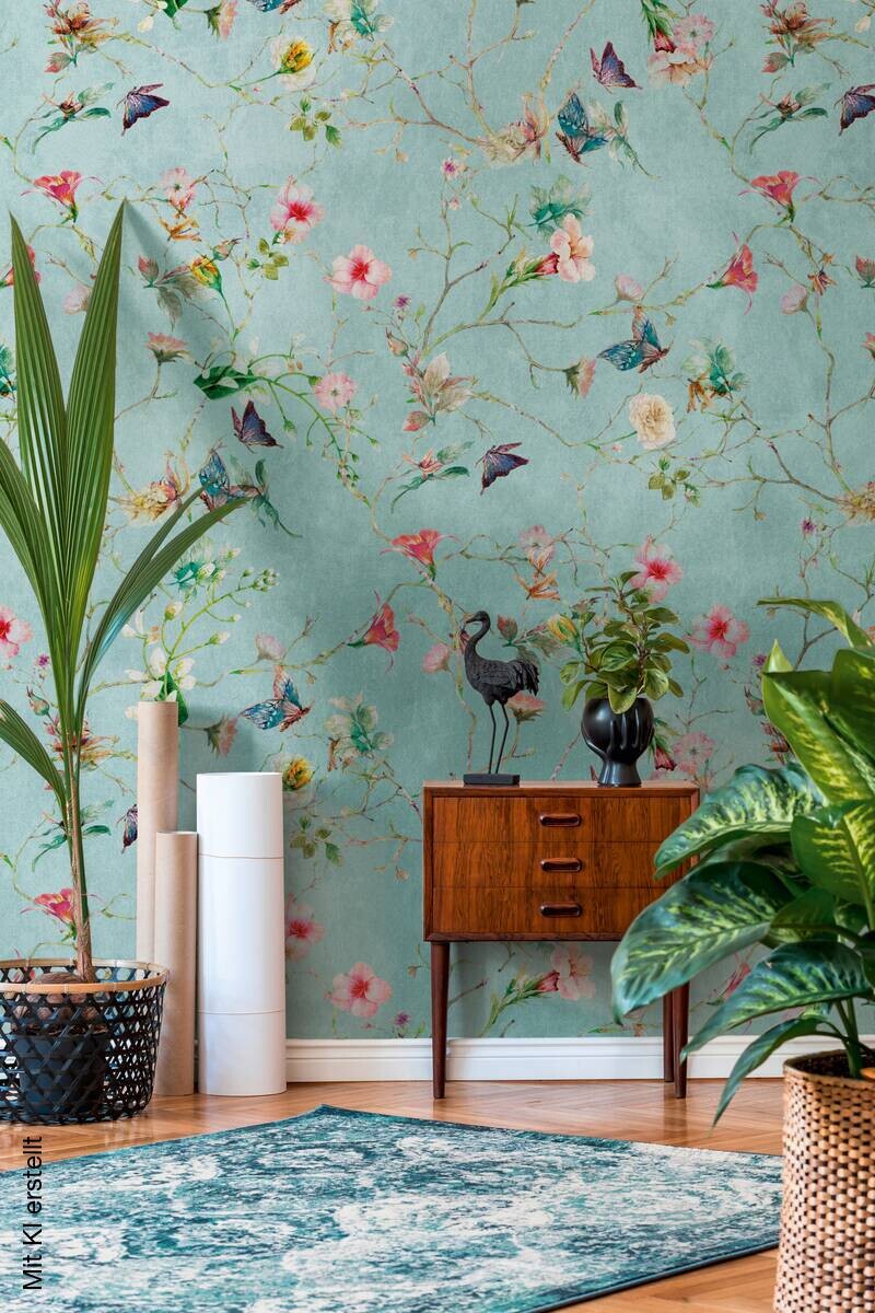 Livingwalls Fototapete Blütenzweig türkis rosa grün B/L: ca. 280x159 cm