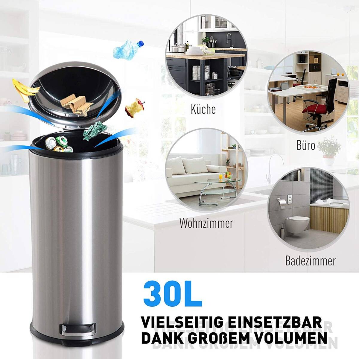 HOMCOM Pedal-Mülleimer silber H/D: ca. 62,9x29,2 cm
