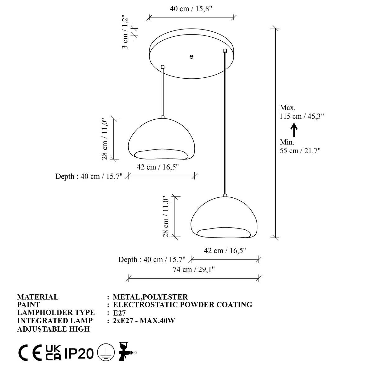 Opviq Pendelleuchte weiß Metall Fiberglas B/T/L: ca. 42x40x42 cm E27 2 Brennstellen