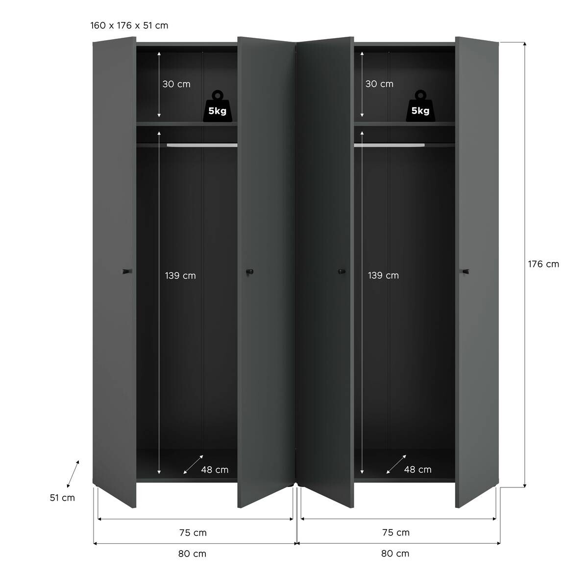 Kleiderschrank DARWIN anthrazit B/H/T: ca. 160x176x51 cm