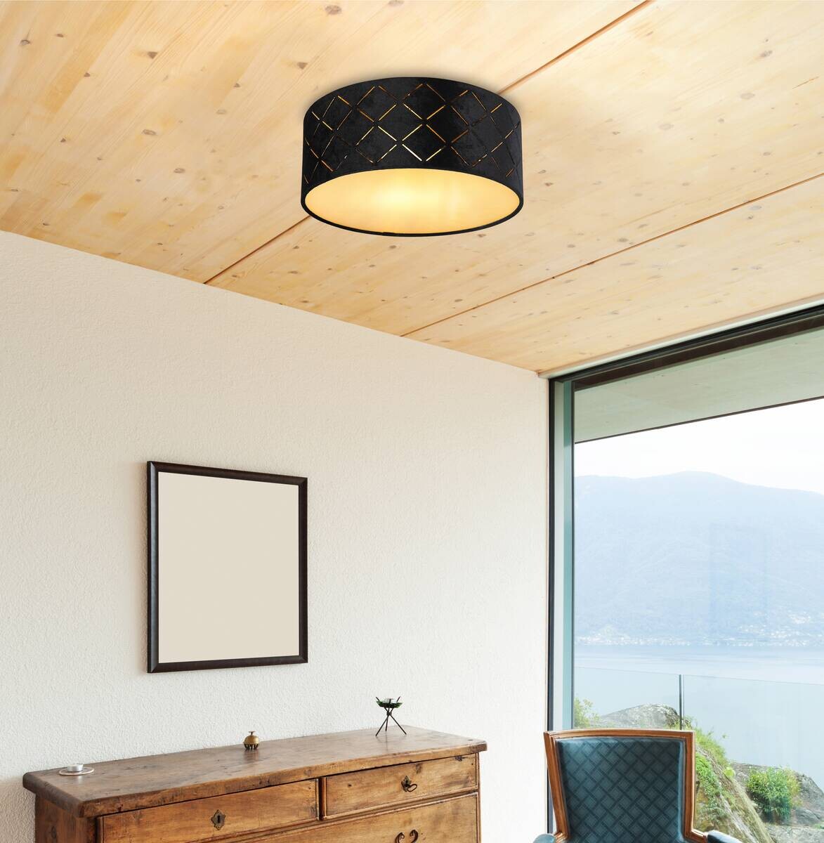 GLOBO Deckenleuchte schwarz Opal Kunststoff Metall H/D: ca. 10x26 cm E27 1 Brennstellen